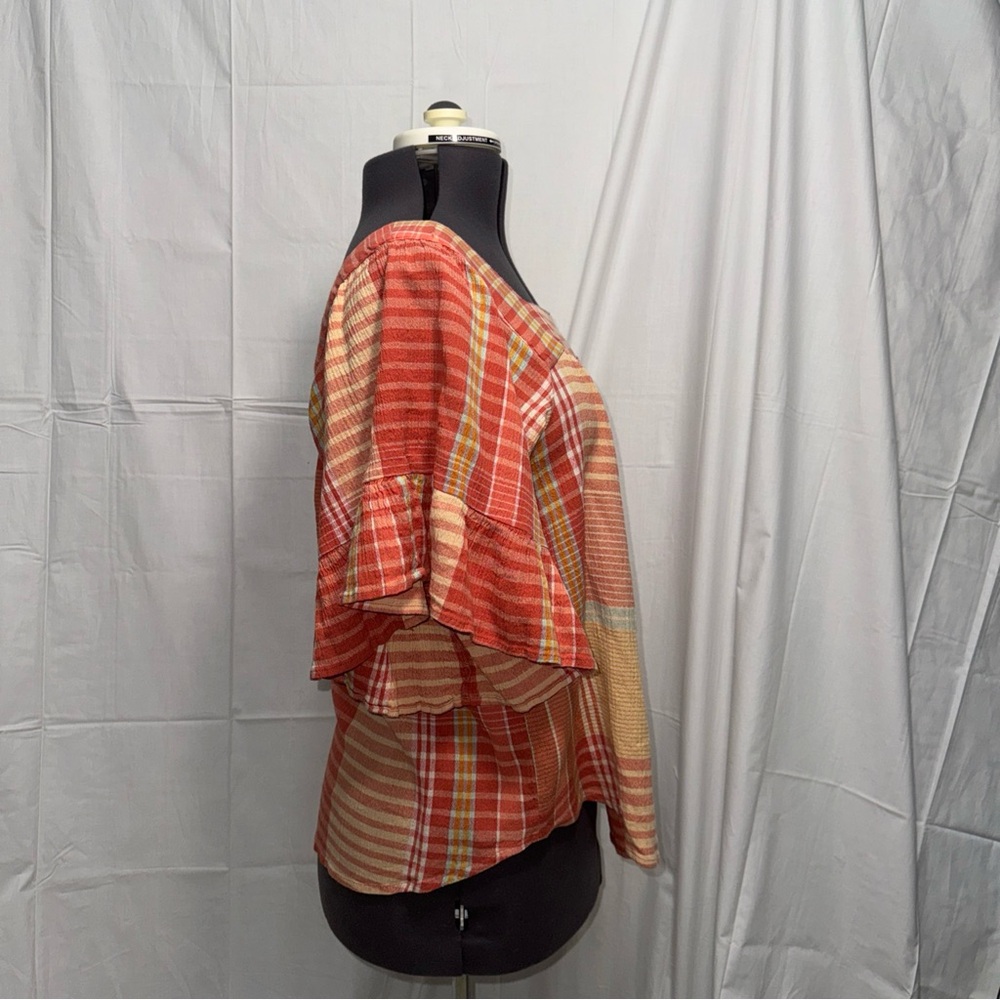COPY - Beach lunch lounge Madras plaid flutter sleeve top size large